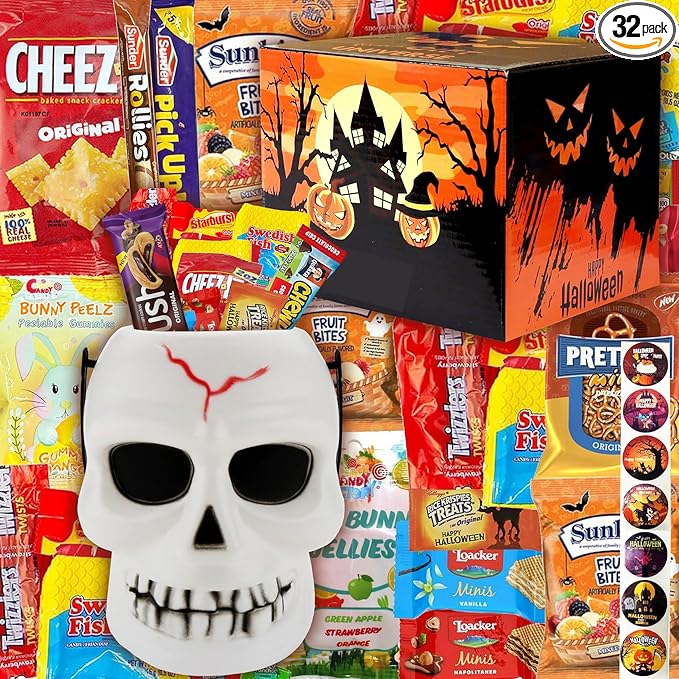Halloween Assorted Skull Bucket (32 Count) Filled with Candies, Snacks, Cookies and more, Treats for Family, Friends, Kids, Boys and Girls