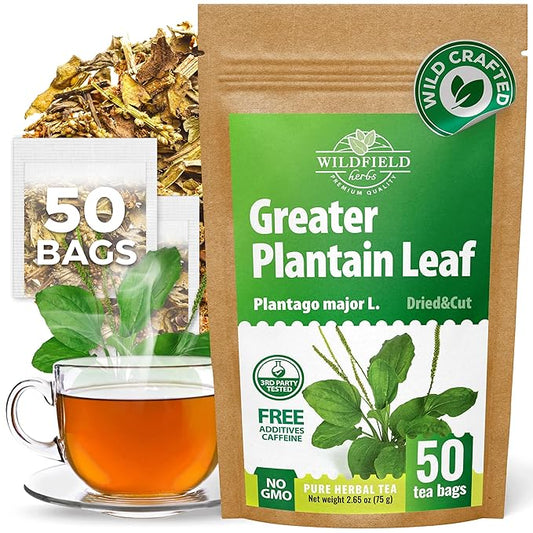 50 Bags Broadleaf Plantain Leaf Herb Tea (Plantago Majoris Folia) Plantain Leaves Tea - 50 Count 1.5 g Bags Llanten