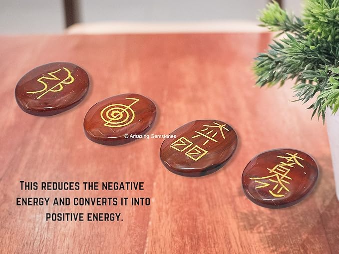 Amazing Gemstone Red Jasper Crystal Reiki Stones with Engraved Symbols for Usui Reiki Healing, Set of 4 Pcs (Indian Handmade Reiki Gift Set)