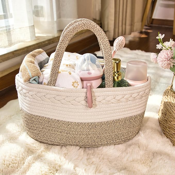 Baby Diaper Caddy Girl Boy Organizer Small Woven Baskets With Handle, Cotton Rope Tote For Shower Nursery, Decorative Small Storage Baskets For Shelves,Unique Gift Baby