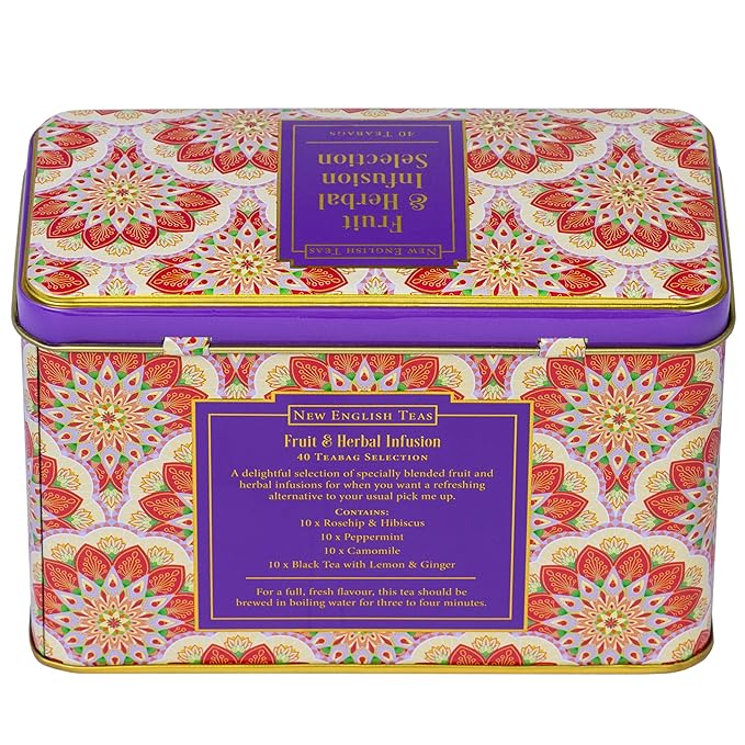 New English Teas Fruit and Herbal Tea in Tin with 40 Teabags - Rosehip & Hibiscus, Peppermint, Chamomile & Black Tea with Lemon & Ginger