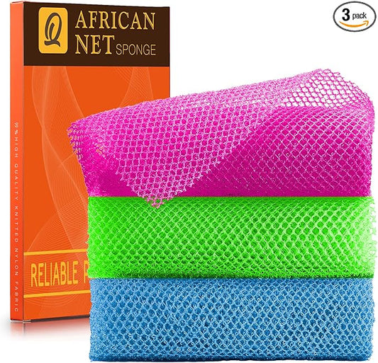UJFQBH 3 Pieces African Bath Sponge African Net Long Net Bath Sponge Exfoliating Shower Body Scrubber Back Scrubber Skin Smoother,Great for Daily Use (Rose Red, Blue, Green)