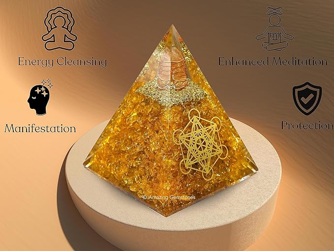 Amazing Gemstone Organite Orgone Pyramid Extra Large 105 MM - Orgone Energy Pyramid with Citrine Crystals and Healing Stone - Orgonite Pyramids Crystals and Positive Energy