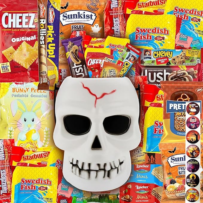 Halloween Assorted Skull Bucket (32 Count) Filled with Candies, Snacks, Cookies and more, Treats for Family, Friends, Kids, Boys and Girls