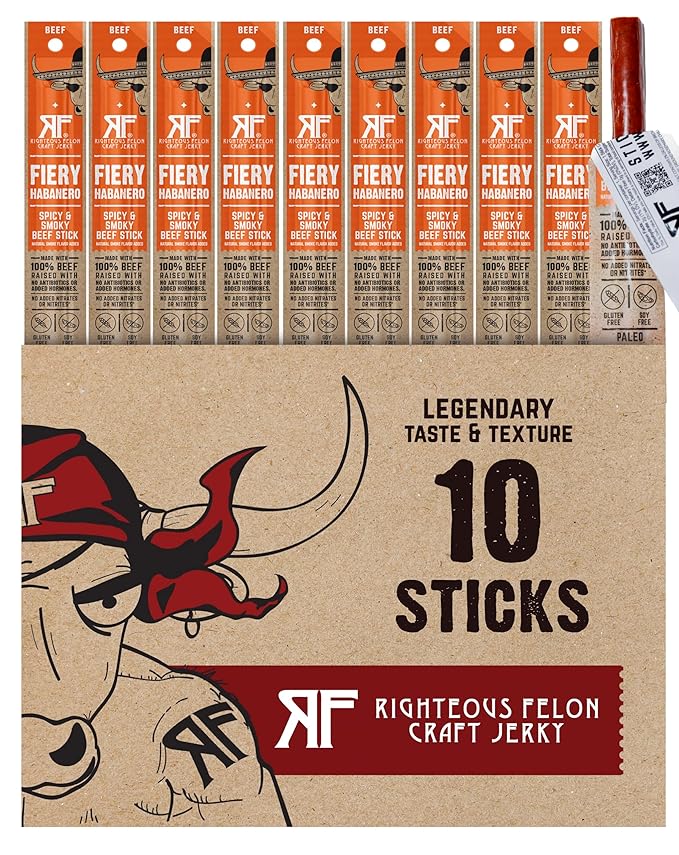 Righteous Felon Meat Sticks | 100% Beef Sticks | Gluten Free & Keto Meat Sticks | Low Sugar & High Protein Beef Sticks | Healthy Snack for Adults | Jerky Gifts for Men | Fiery Habanero, 10 Pack