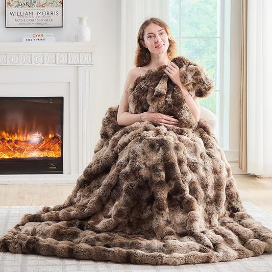 Lotus Karen Faux Fur Throw Blanket Tie-Dye Dark Coffee-Big Bubble Rabbit Fluff Blanket for Couch,Small Fluffy Fuzzy Cozy Blanket,Thick Furry Plush Shaggy Blankets,50x60 Inches