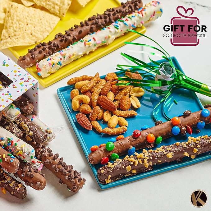 KREMERY Creamy Chocolate Cravings - Diwali Sweets Hamper Chocolate Covered Pretzel Rods Gift Basket, in Confetti Tower (10 Pretzels, Assorted Sweet Toppings) Food Arrangement