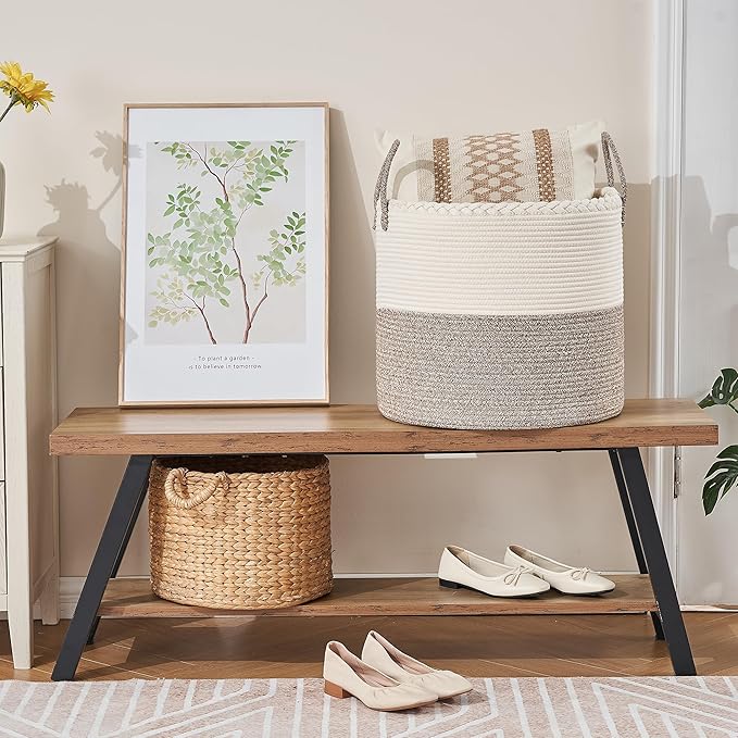 KAKAMAY Large Blanket Basket (18"x18"x16"),Woven Baby Laundry Hamper for Storage, Cotton Rope Blankets Baskets for Nursery, Laundry, Living Room, Pillows, Baby Toy chest with Handles (White/Beige)