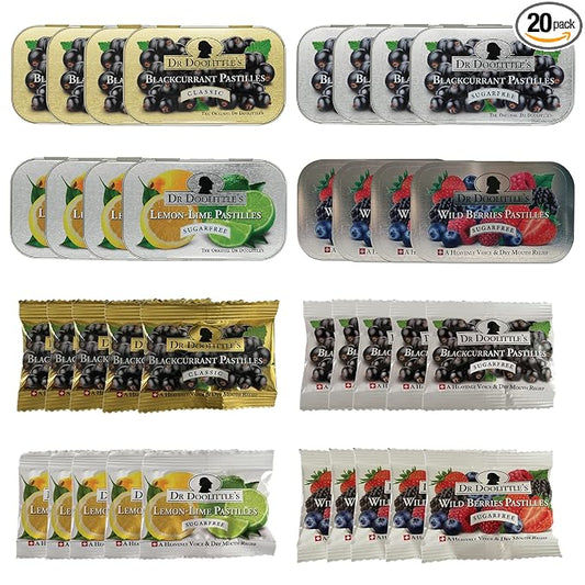 Dr. Doolittle’s Soft Fruit Pastilles Classic and Sugar Free Variety Pack for Voice and Throat, Blackcurrant, Lemon Lime, Wild Berries, 2.12 Ounce Tin, 16 Pack and .33 Ounce Travel Size Bag, 20 Pack