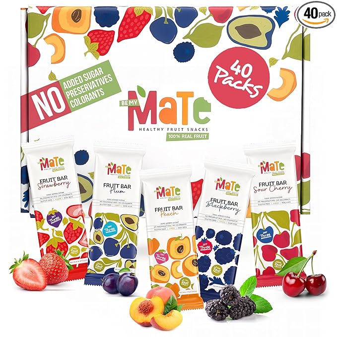 Mate Fruit Bars Variety Pack (40 Pack) - 100% Natural Real Fruit Snacks for Adults and Kids, Healthy Snacks, Fruit Leather. Gluten-Free, Vegan, No Added Sugar, No Preservatives and No Colorant