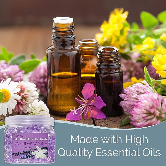 Clear Air Odor Eliminator Gel Beads - 12 oz, Pack of 2 - Air Freshener Made with Essential Oils - Eliminates Odors in Bathrooms, Cars, Boats, RVs & Pet Areas - Lavender Vanilla Scent