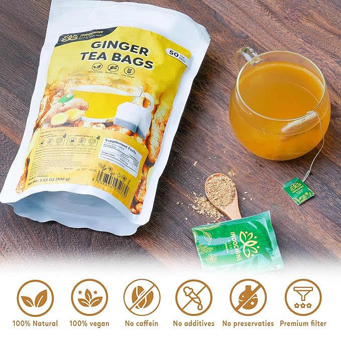 Indochine Blends Ginger Tea Bags | 100% Pure Ginger Root | Sugar-Free, Caffeine-Free Herbal Tea | Double Chamber, Individually Wrapped Bags| Rich in Natural Goodness and Flavor | 3.5 oz | 50 Tea Bags