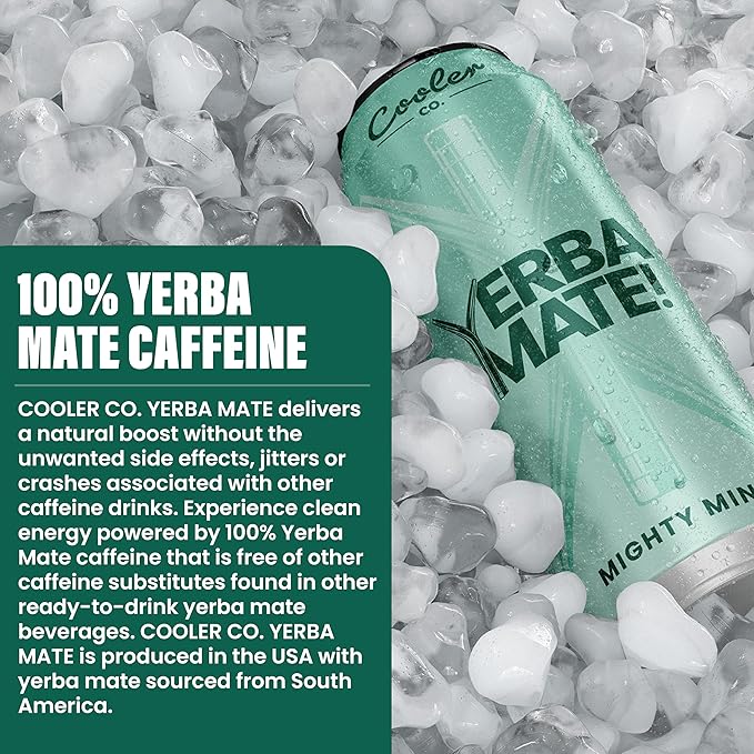 COOLER CO. | YERBA MATE | 12 Pack | 100% Organic Yerba Mate Caffeine | 150 mg Caffeine | 3 Organic Ingredients | Natural Ingredients | No Artificial Colors or Stimulants | Mighty Mint Flavor