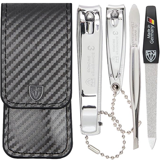 3 Swords Germany - Brand Quality 4 Piece Manicure Pedicure Grooming kit Set Tweezers File Clipper Fashion Leather case in Gift Box, Made by 3 Swords