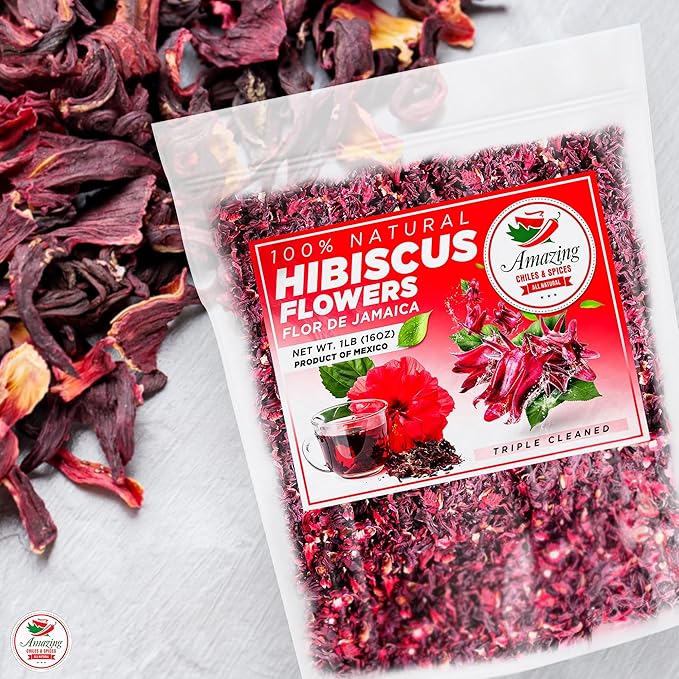 Hibiscus Flowers 2lb (32oz) – All Natural, Triple Cleaned - Whole Soft Flowers and Petals - Flor de Jamaica. Great for Hot or Iced Tea and Agua Fresca. By Amazing Chiles and Spices