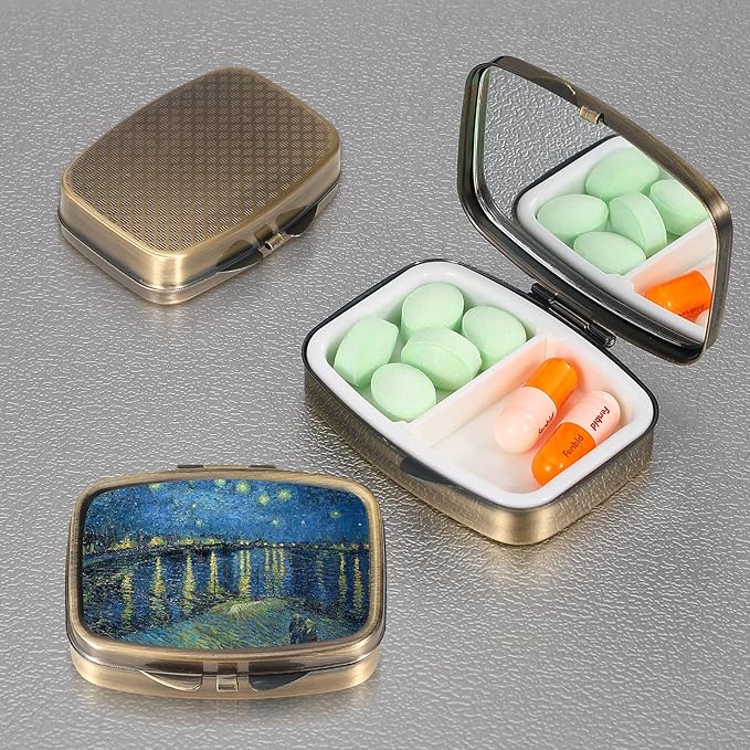 Dynippy Pill Case Pill Box with Mirror Retro Pocket 2 Compartment Medicine Case Vitamin Pill Organizer for Pocket Purse and Travel (A-Starry Night Over The Rhone)