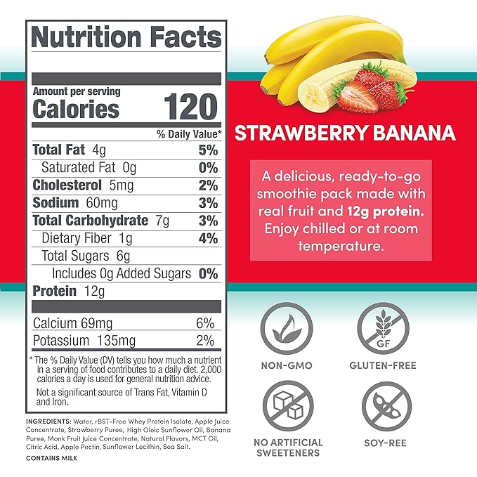 Designer Wellness Protein Smoothie, Real Fruit, 12g Protein, Low Carb, Zero Added Sugar, Gluten-Free, Non-GMO, No Artificial Colors or Flavors, Strawberry Banana, 24 Count