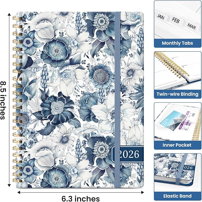 2026 Planner, Monthly and Weekly Calendar Planner for Women, January 2026 - December 2026, Hardcover Pretty 2026 Agenda Planner Book with Tabs, Spiral Bound, Perfect for School Office Home Supplies, 6.3" x 8.5" - Blue Floral