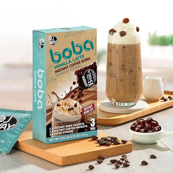 J WAY Instant Vanilla Latte Coffee Kit with Authentic Brown Sugar Tapioca Boba, Ready in Under One Minute, Paper Straws Included - 3 Servings