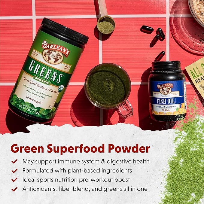 Barlean's Organic Greens Powder, Daily Fruit and Vegetable Superfood Supplement with Green Food Protein, Probiotic Blend and Fiber Drink Mix, 8.47 oz