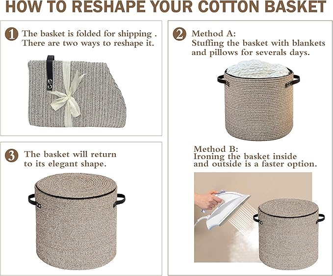 Cotton rope Storage Basket with Zipper cover & Woven baskets with Lid for Books, Blankets, hats, jackets，Multi-Purpose Storage Basket for Living Room,Christmas gifts. 14x13inches(Grey+White)