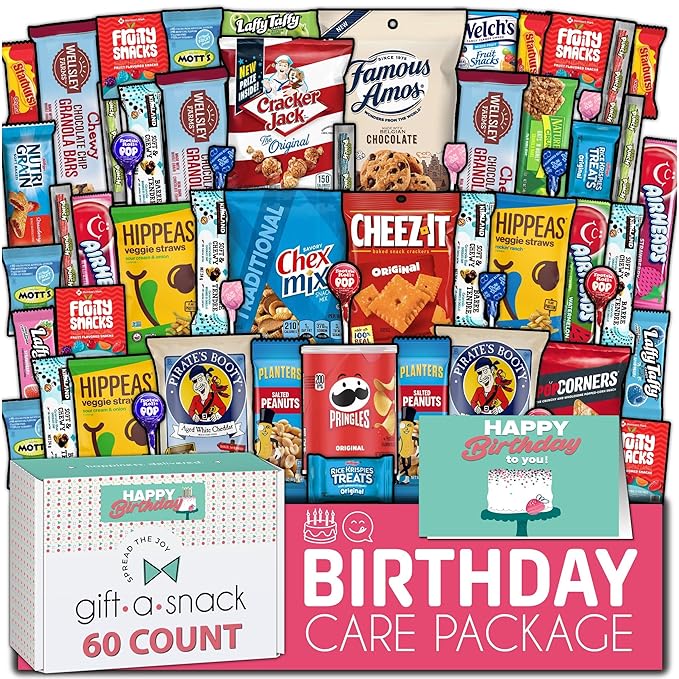 Gift A Snack - Happy Birthday Snack Box Variety Pack Care Package + Greeting Card (60 Count) Bday Sweet Treats Gift Basket, Candies Chips Crackers Bars - Food Assortments Assortments & Variety Gifts