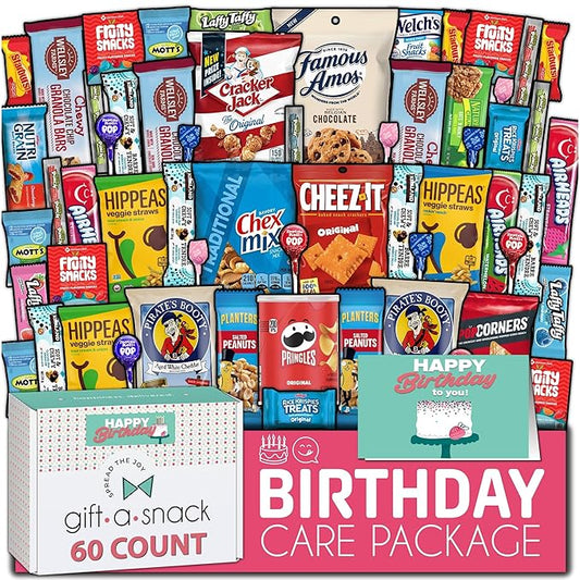 Gift A Snack - Happy Birthday Snack Box Variety Pack Care Package + Greeting Card (60 Count) Bday Sweet Treats Gift Basket, Candies Chips Crackers Bars - Food Assortments Assortments & Variety Gifts