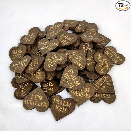 Biblical Affirmation Wood Cutouts | 72 Unique Laser Engraved Wood Hearts with Bible Verse Passages | Includes Desktop Affirmation Holder | Daily Religious Prayer Gift