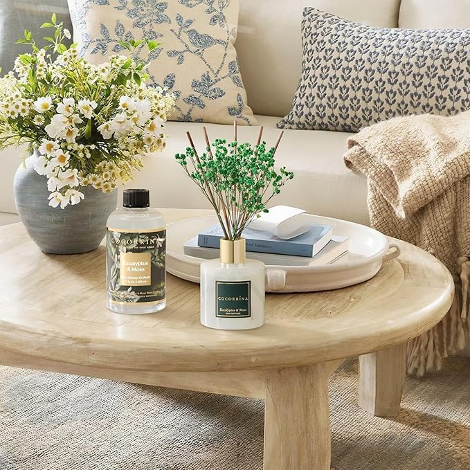 Cocorrína Reed Diffuser Refill Eucalyptus & Moss 17oz (500ml) with 8 Rattan Sticks - Premium Long-Lasting Essential Oil, Home Fragrance for Bedroom, Bathroom Home Decor