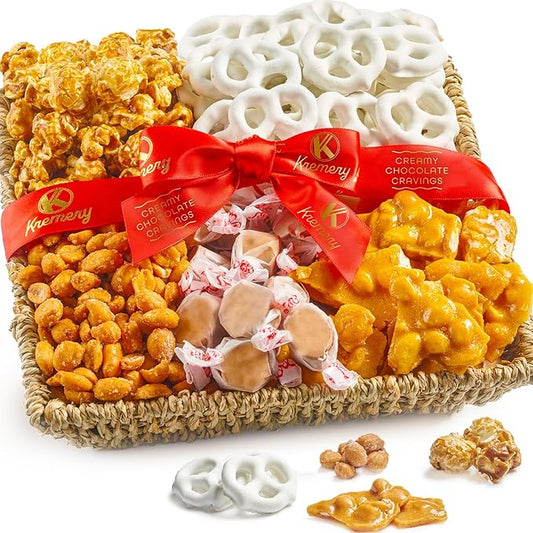 KREMERY Creamy Chocolate Cravings - Diwali Sweets Hamper Chocolate Covered Pretzels & Caramel Popcorn Gift Basket, in Seagrass Tray + Ribbon (Classic, 1.5 lbs) Food Arrangement