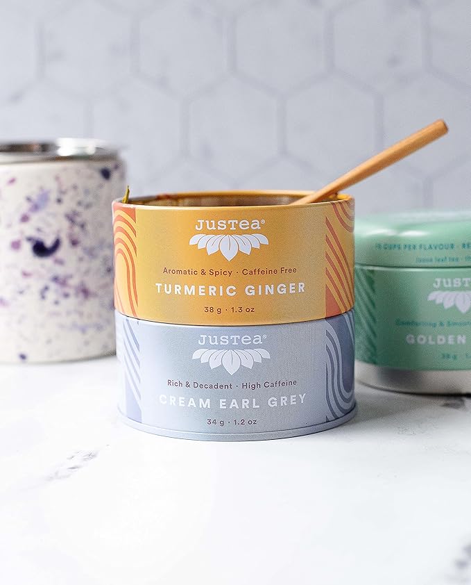 JusTea Assorted Tea Trio | Stacking Tins Variety Pack with Hand Carved Spoon | Loose Leaf Tea | Variable Caffeine | Award-Winning | Fair Trade | Non-GMO