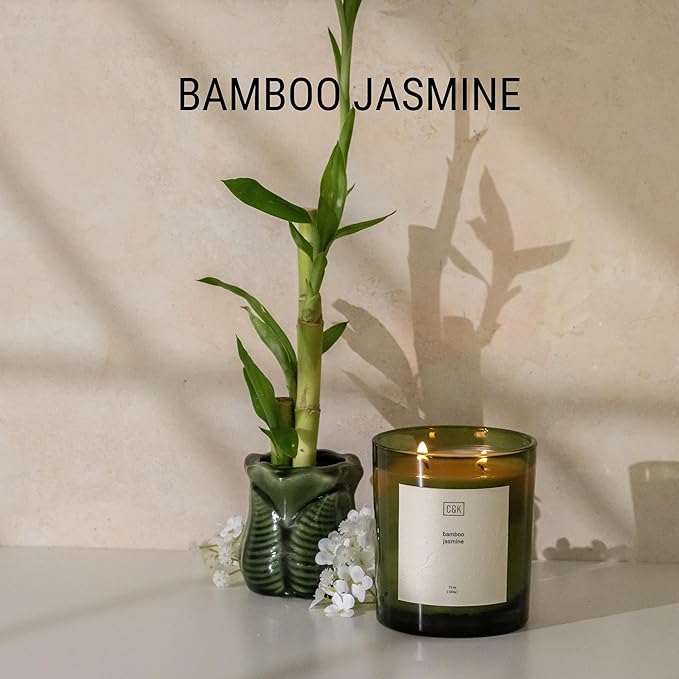 Craft & Kin 12oz Bamboo Jasmine Candle for Home | Premium Green Fall Scented Candles for Men | Made with Natural Soy | Gifts for Men and Women | Nature Collection
