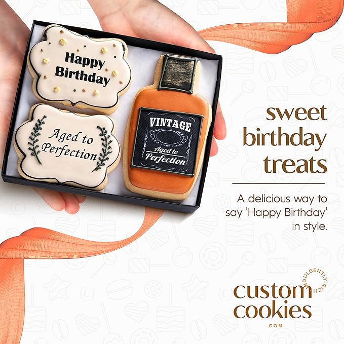 Happy Birthday Gift Basket Custom Sugar Cookies - Happy Birthday Cookies in Gift Box, Hand Decorated Kosher Treats for Men, Him, Husband - Bakery & Dessert Gifts as a Birthday Cake