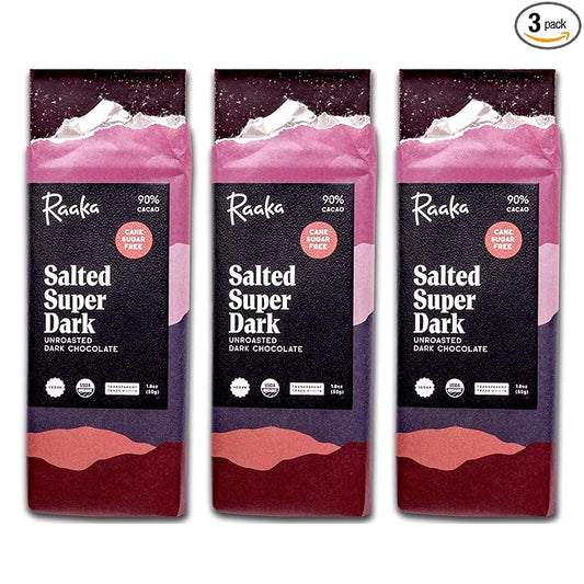 Raaka Salted Super Dark Chocolate Bars - 90% Cacao, Organic, Vegan, Kosher, Gluten Free, Cane Sugar Free - Lightly Sweetened with Coconut Sugar - 1.8oz Bars, 3-Pack