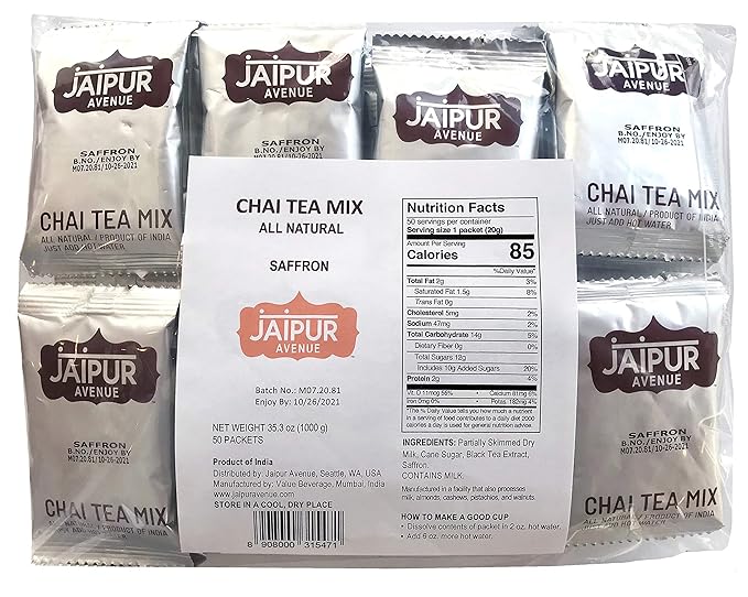 Jaipur Avenue Safron Chai Tea Mix Crafted with All-Natural Assam Black Tea, Safron, Cane Sugar, and Premium Dry Milk - Preservative-Free, Gluten-Free, Authentic Indian Chai Latte (50-Count Bag)