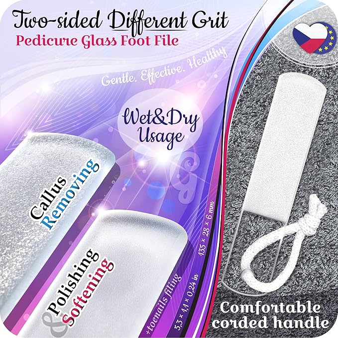 GLADZY Czech Glass Foot File Callus Remover – Double Sided Etched, Different Grit Coarse & Fine Surfaces for Hard Skin & Cracked Heels, Professional Pedicure Tool, Washable Reusable, Made in EU