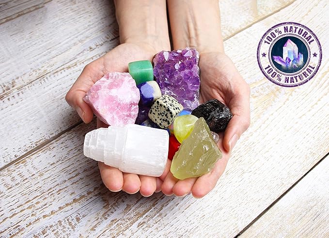 AtPerry's 16 LARGE Natural Healing Crystals Set in Wooden Box - Tumbled, Rough & Raw Crystals, Including Selenite Tower, Black Tourmaline, Amethyst, Rose Quartz, Lapiz Lazuli, Citrine & Tiger's Eye