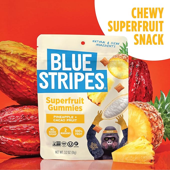 Blue Stripes Cacao Superfruit Gummies - Vegan Chewy Fruity Snack, No Sugar Added 100% Fruit Gummy, 9 Essential Vitamins & Minerals, Natural Tropical Superfood - Pineapple & Cacao, 3.2 oz (2 Pack)