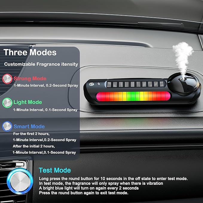 Smart Car Air Freshener with Solar, Car Diffuser with Auto On/Off, Aluminum Alloy Body, 3 Adjustable Concentration, Built-in Battery, Ambient Light, Best Essential Oil Diffuser for Car Black