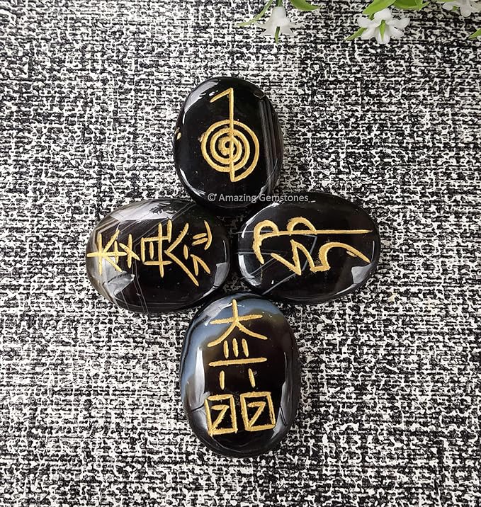 Amazing Gemstone Sulemani Agate Crystal Reiki Stones with Engraved Symbols for Usui Reiki Healing, Set of 4 Pcs (Indian Handmade Reiki Gift Set)