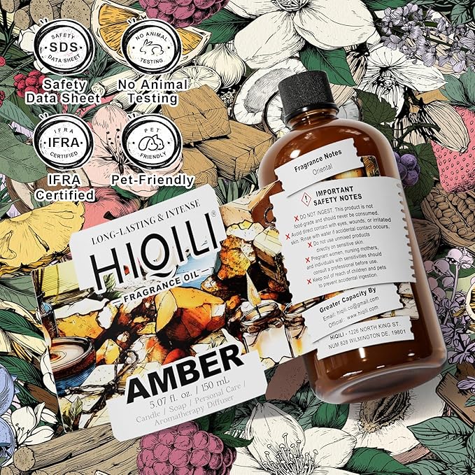 HIQILI Amber Fragrance Oil for Candle, Perfume, Soap Making, Hotel Scents for Essential Oil Diffuser & Aromatherapy - 5.07 Fl Oz