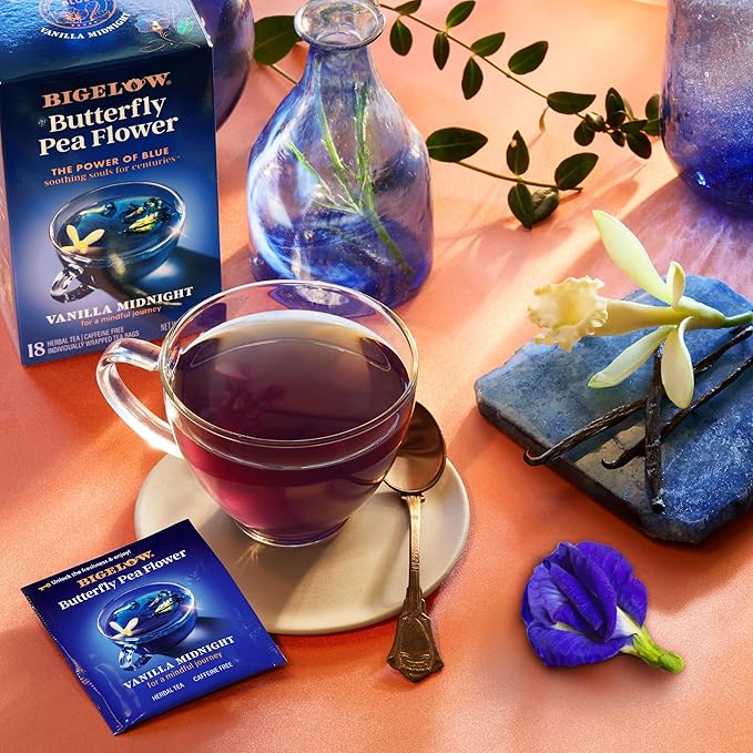Bigelow Tea Vanilla Midnight Butterfly Pea Flower, Caffeine Free (Pack of 6), 108 Total Tea Bags