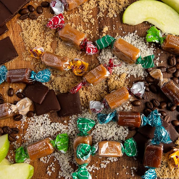 Béquet Assorted Caramels - Gourmet Individually Wrapped Candy Variety Pack - Celtic Sea Salt, Salt Chocolate, Classic Vanilla, Butterscotch, Green Apple, Salted Mocha & Salted Butterscotch - 24 oz Gift Bag