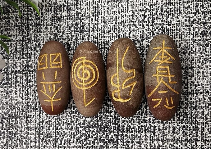 Amazing Gemstone Shiva Lingam Crystal Reiki Stones with Engraved Symbols for Usui Reiki Healing, Set of 4 Pcs (Indian Handmade Reiki Gift Set)