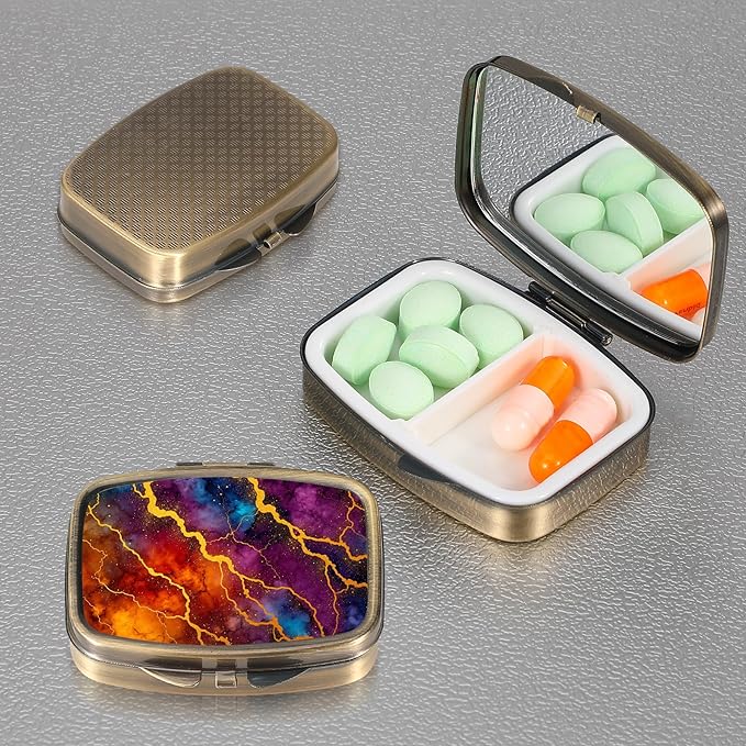 Dynippy Pill Case Pill Box with Mirror Retro Pocket 2 Compartment Medicine Case Vitamin Pill Organizer for Pocket Purse and Travel (A-Colourful Marble Pattern)