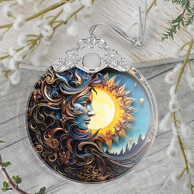 Christmas Ornament, 2025 Ornaments for Christmas Tree, Stained Glass Hanging Ornament, Holiday Ornaments, Unique Gift Idea - Sun and Moon Together