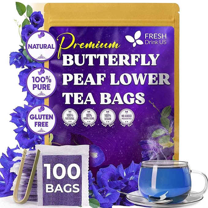 FreshDrinkUS, 100 Premium Butterfly Pea Flower Tea Bags – 100% Pure & Natural | Caffeine-Free Herbal Blue Tea | No Additives, Non-GMO, Made With Natural Material Tea Bag, No Sugar, No Caffeine, No Gluten, Vegan