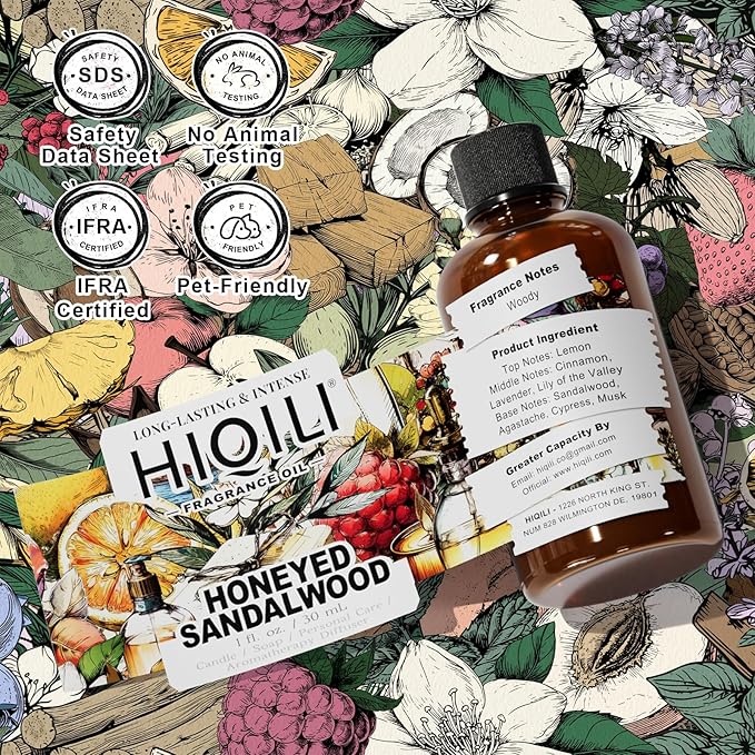 HIQILI Honeyed Sandalwood Fragrance Oil for Diffuser, Candle & Soap Making, Add to Dryer Balls, Lotion, Hotel Luxury Scents - 1 Fl Oz
