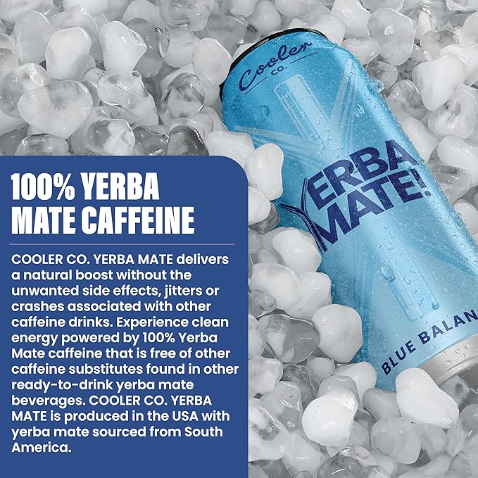 COOLER CO. | YERBA MATE | 12 Pack | 100% Organic Yerba Mate Caffeine | 150 mg Caffeine | 3 Organic Ingredients | Natural Ingredients | No Artificial Colors or Stimulants | Blue Balance Flavor