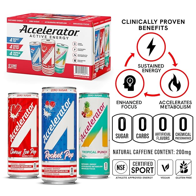 Accelerator Energy Drink Sugar Free, Variety Pack 12oz can(12 pack), Zero Sugar Energy Drinks with Sustained Energy from 100% Natural Caffeine (200mg) & Green Tea extract